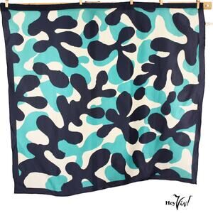 Vintage Scarf Abstract Amoeba Print Acetate Navy Turquoise Japan 28x30 - Hey Viv